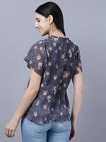 Thumbnail for Myshka Women Charcoal Grey Peach-Coloured Floral Print Tie-Up Neck Georgette Top - Distacart