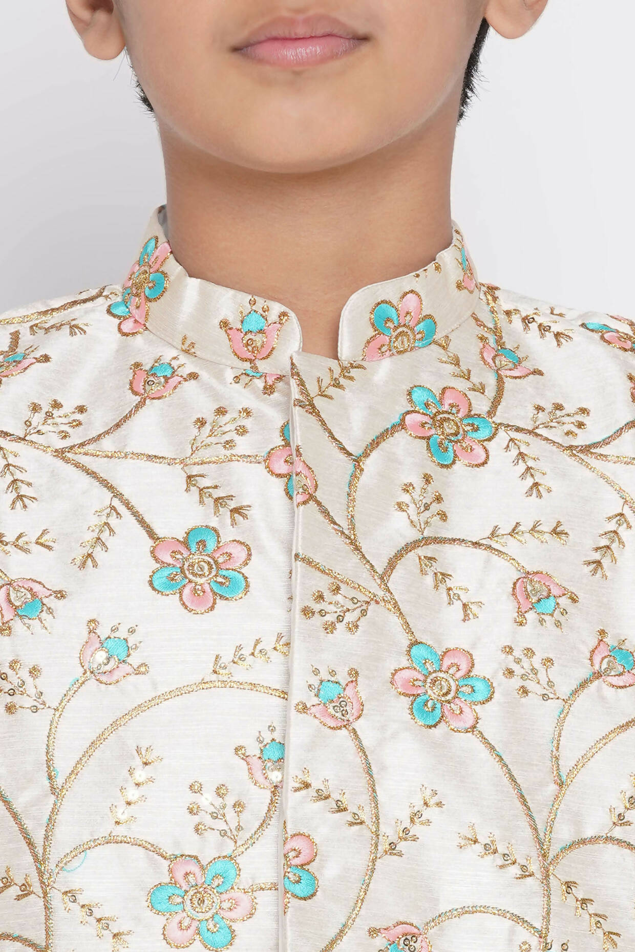 Little Bansi Banarsi Silk Pink Blue Floral Embroidery Jacket With Cotton Kantha kurta And Kantha Dhoti - Cream - Distacart