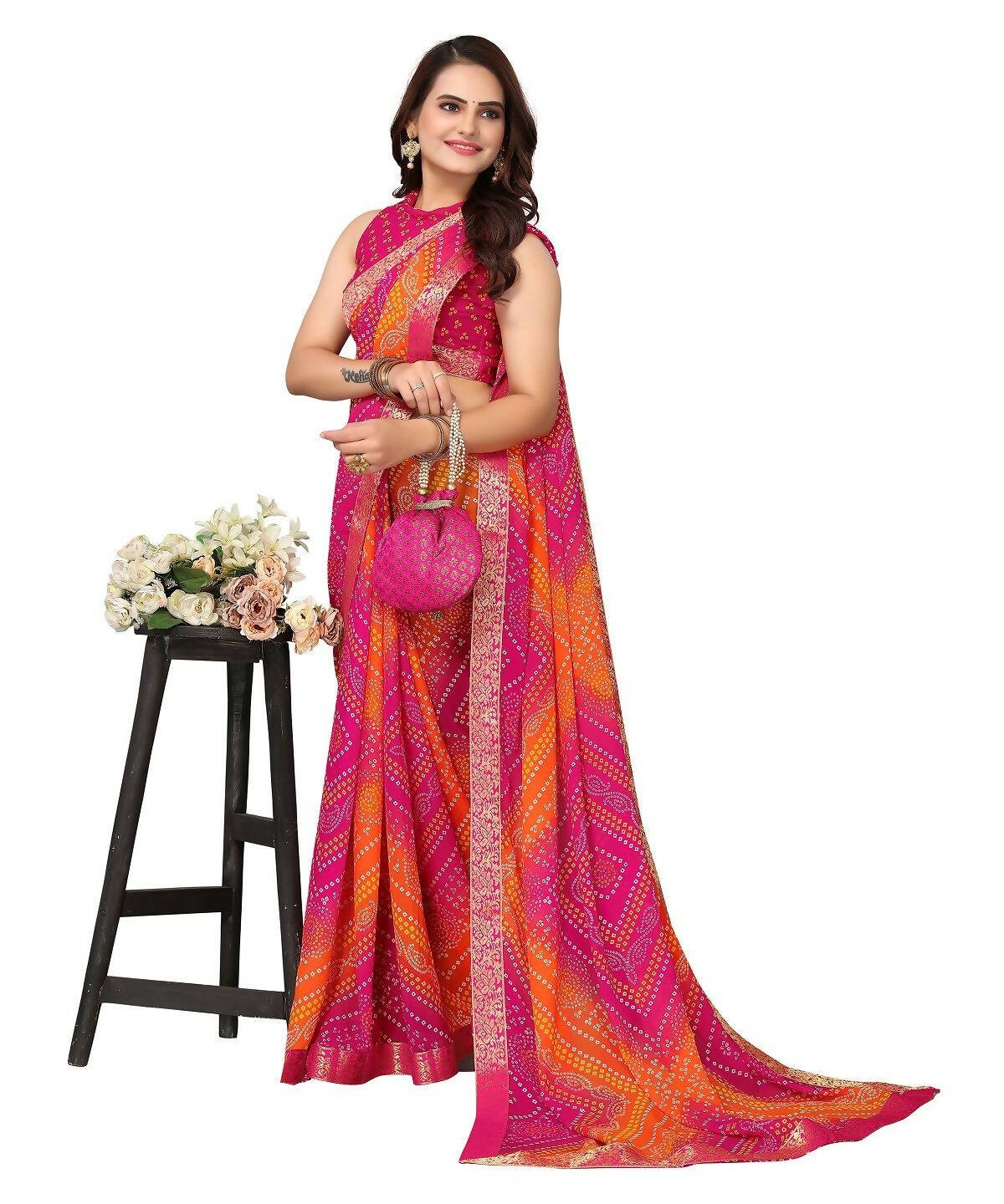 Vamika Pink Georgette Printed With Lace Saree (VERA PINK) - Distacart
