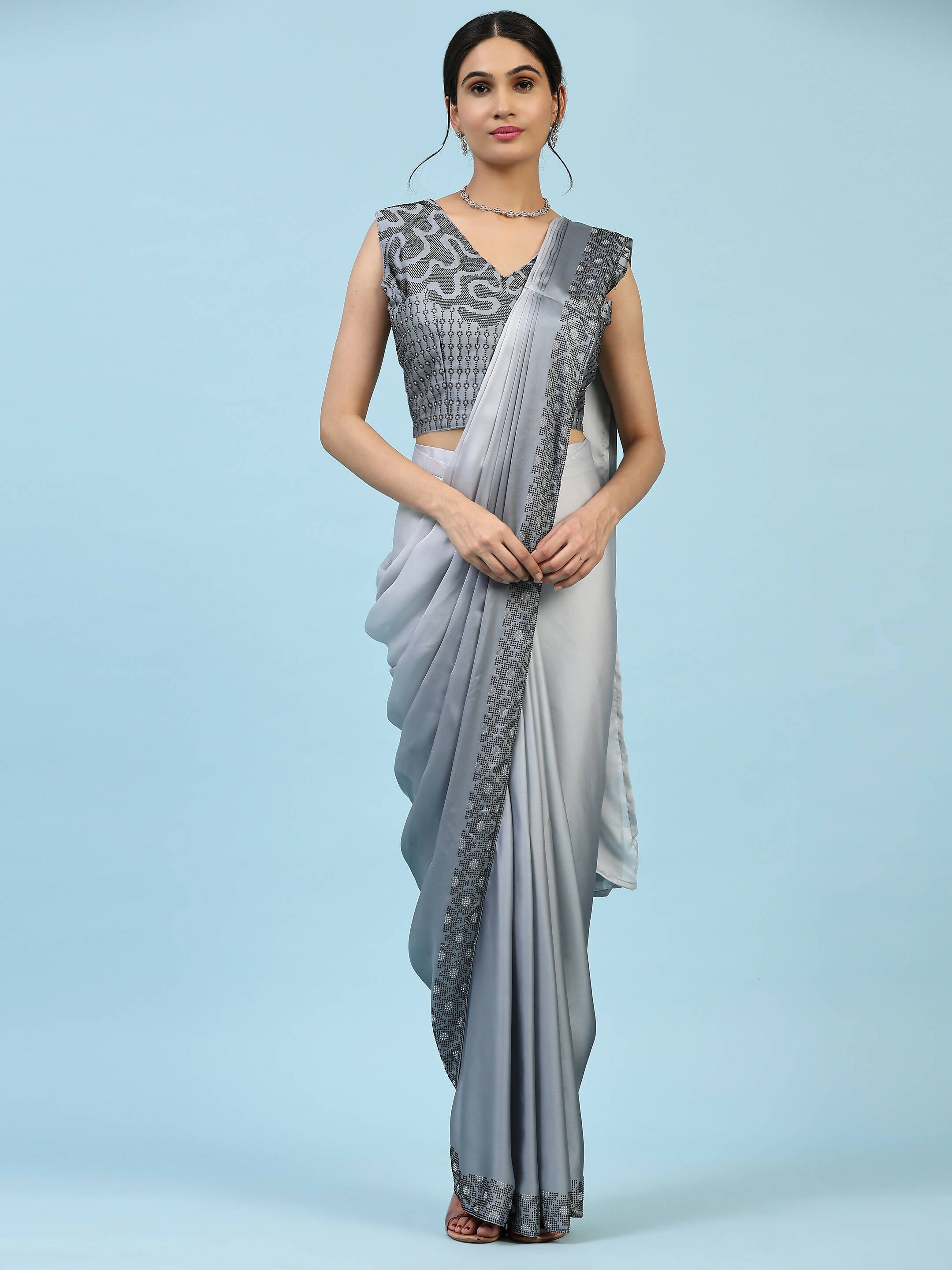 Grey Ombre Satin Georgette Plain Ready to wear Saree with stitched Blouse - Vrinda - Distacart