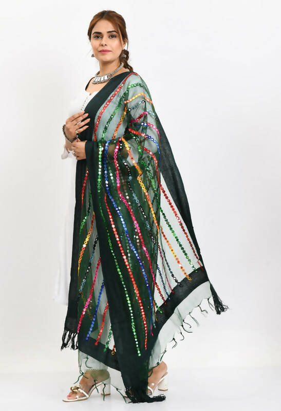 Mominos Fashion Moeza Women's Orgenza Multi Thread Mirror Work Bottle Green Dupatta - Distacart