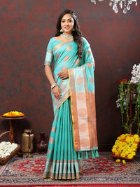Thumbnail for Lorenvalley Fashion Skyblue Cotton with Woven Design Zari Weaving Saree - Distacart
