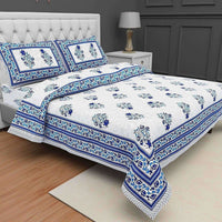 Thumbnail for Jaipuri Hand Printed Floral 144TC Cotton DoubleQueen Bedsheet with 2 Pillow Covers - Distacart