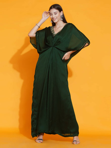 Women Republic Green Georgette Hand Embellished Kaftan Style Gown - Distacart
