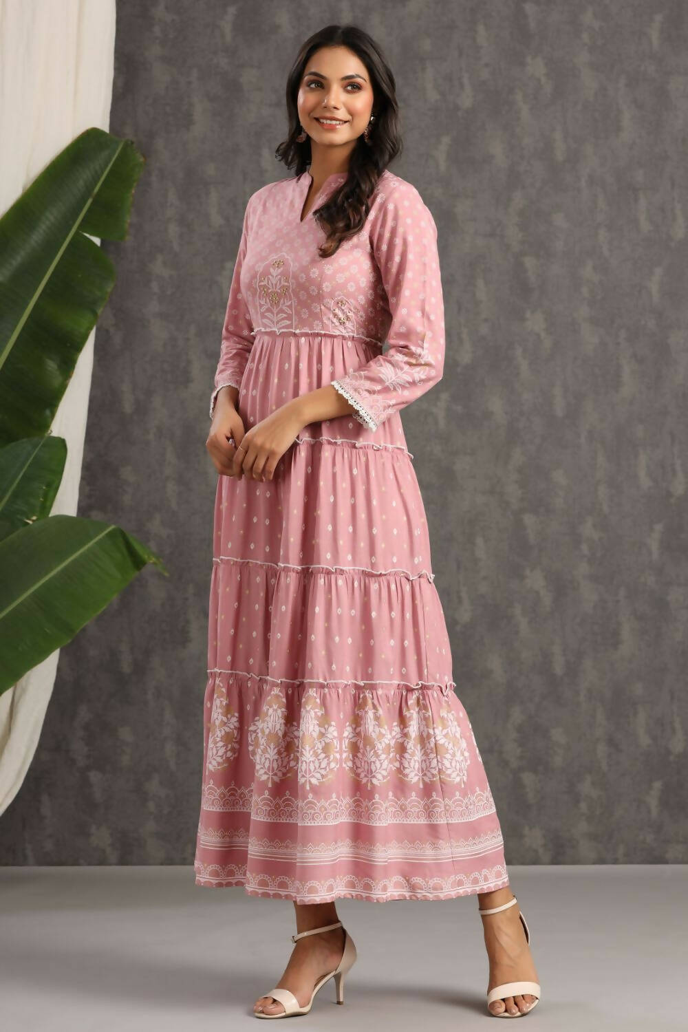 Juniper Womens Onion Pink Rayon Foil Printed Tiered Dress - Distacart