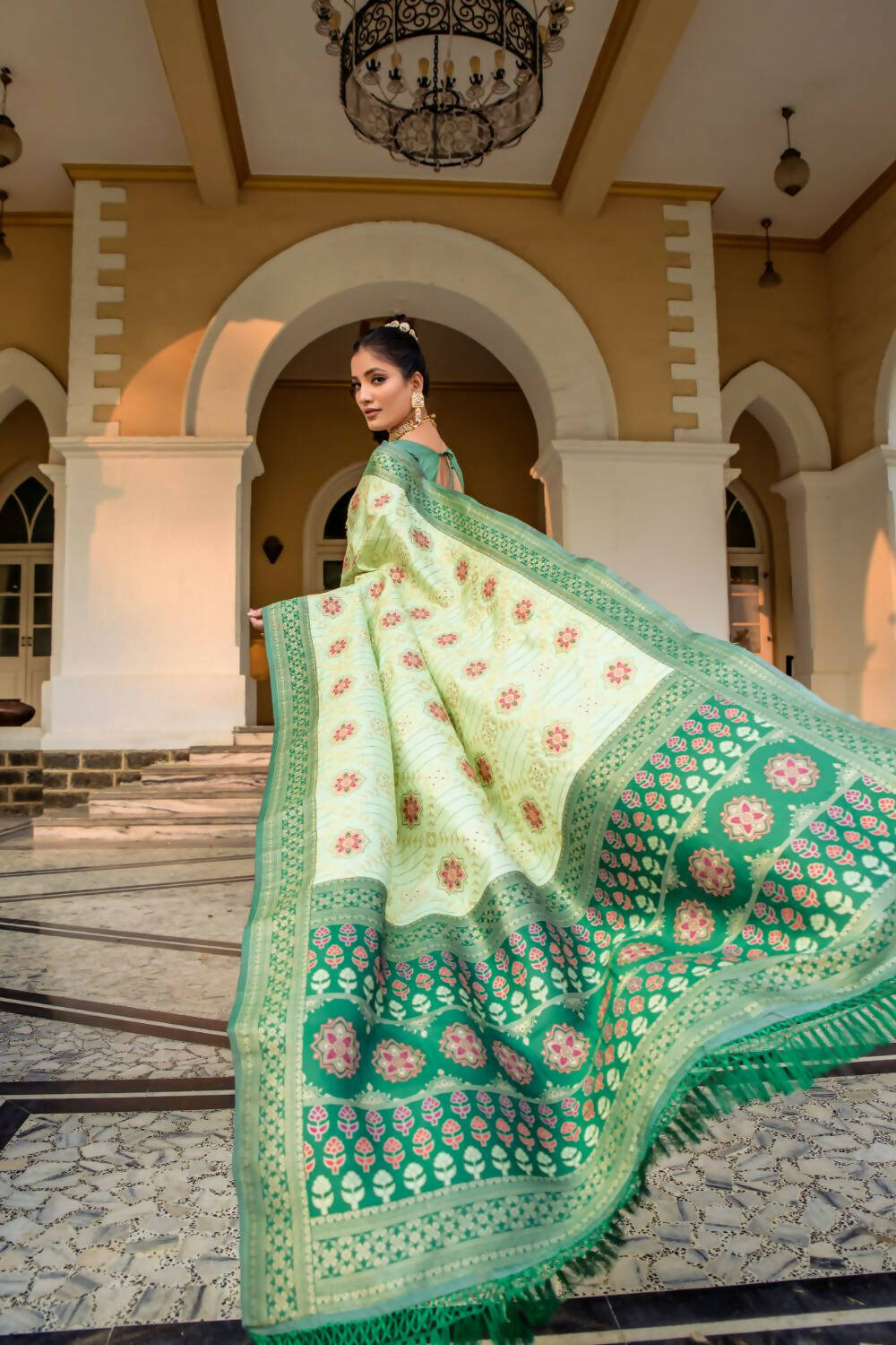 Vishnu Weaves Women's Sea Green Patola Banarasi Silk Meenakari Zari Woven Saree with Blouse - Distacart
