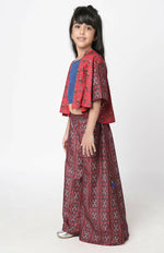 Thumbnail for Lil Drama Ethnic Twist Girls Red Print Flared Palazzo With Top And Jacket Co-Ordinate Set - Distacart