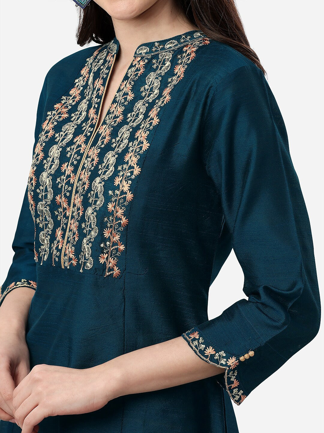 HERE&NOW Mandarin Collar Floral Embroidered A-Line Regular Fit Silk Kurta - Distacart