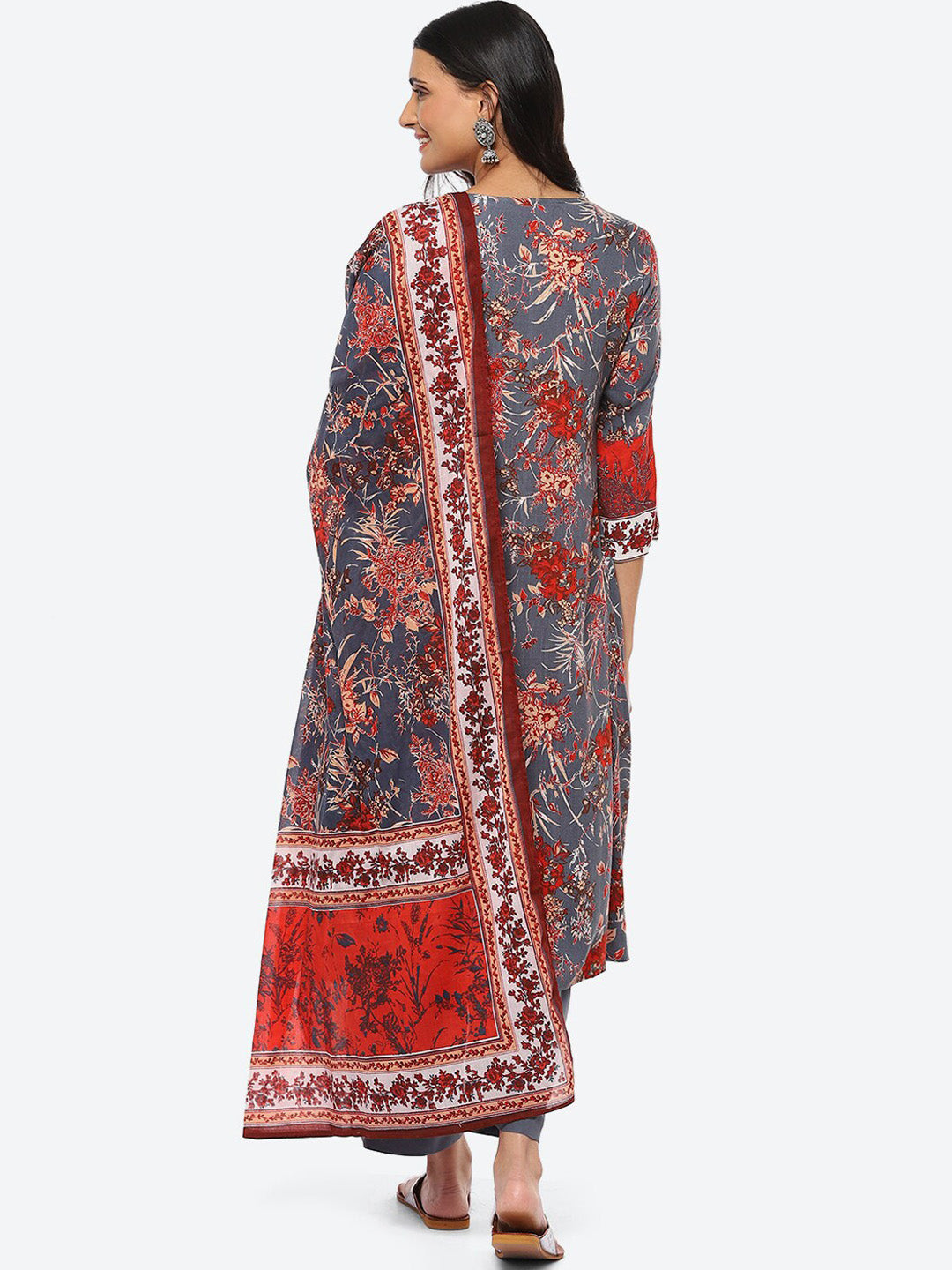 Biba Notch Neck Floral Printed Straight Kurta With Palazzos & Dupatta - Distacart