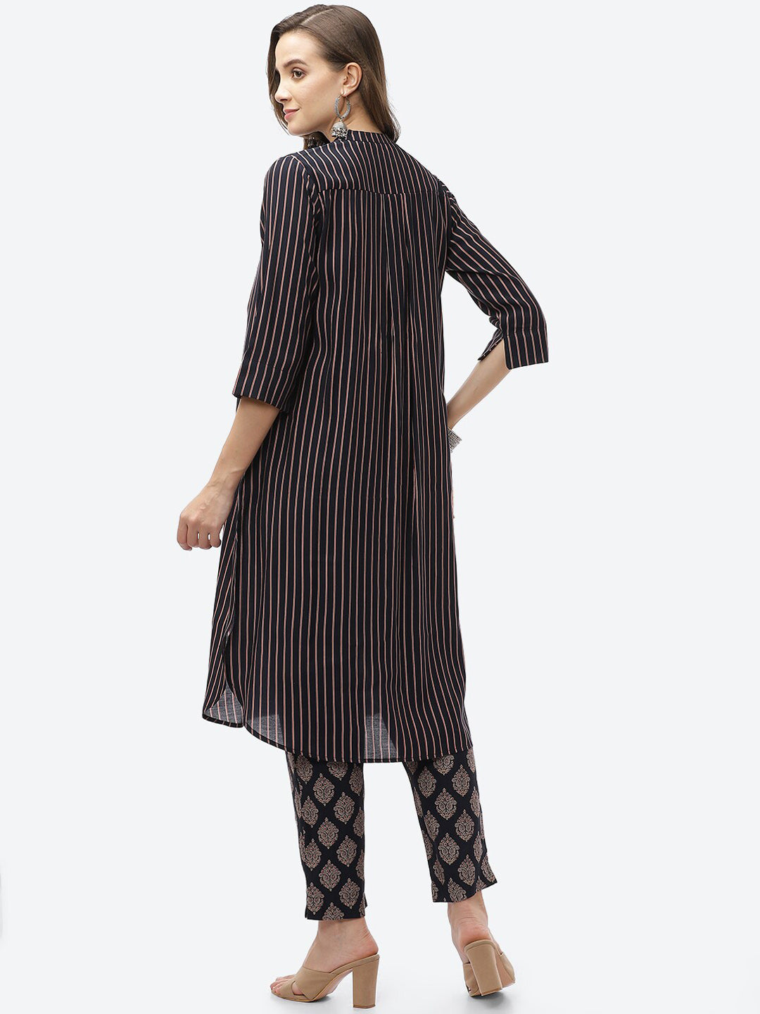 Biba Women Navy Blue Striped Panelled Kurti with Trousers - Distacart