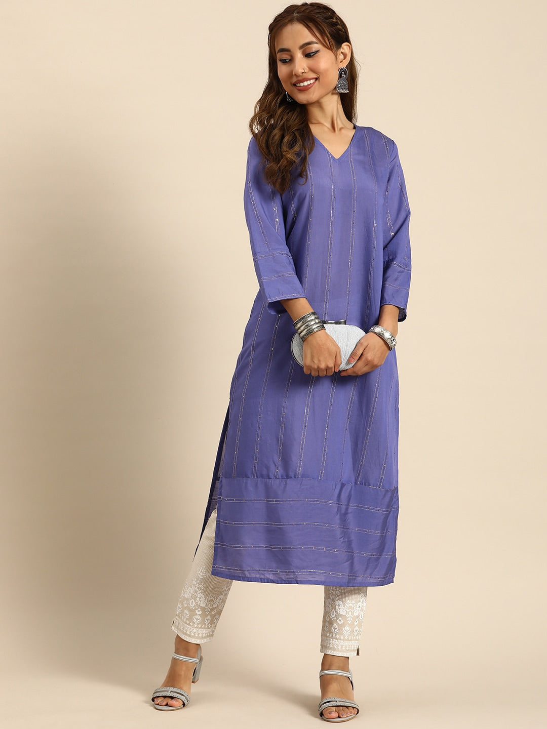 Sangria Women Jacquard Sequinned Chanderi Silk Kurta - Distacart
