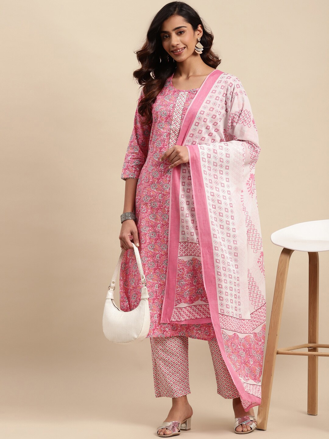 Sangria Floral Printed Gotta Patti Pure-Cotton A-Line Kurta With Trouser & Dupatta - Distacart