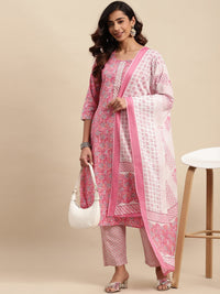 Thumbnail for Sangria Floral Printed Gotta Patti Pure-Cotton A-Line Kurta With Trouser & Dupatta - Distacart
