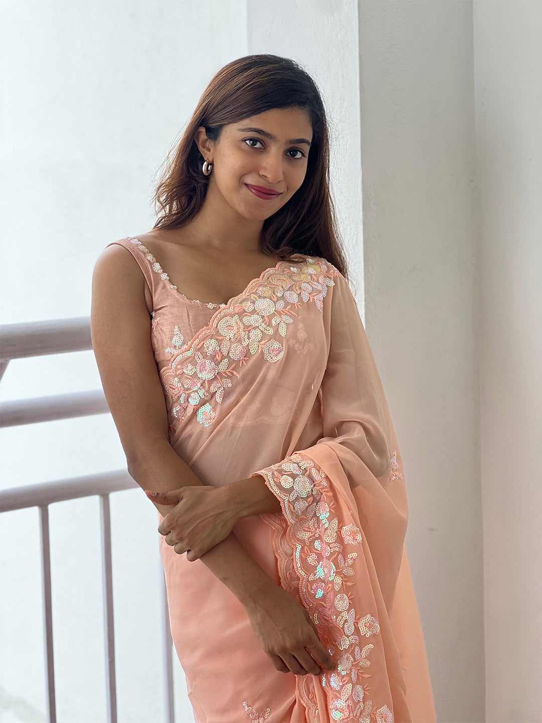 Mitera Peach-Coloured Sequinned Embellished Saree - Distacart