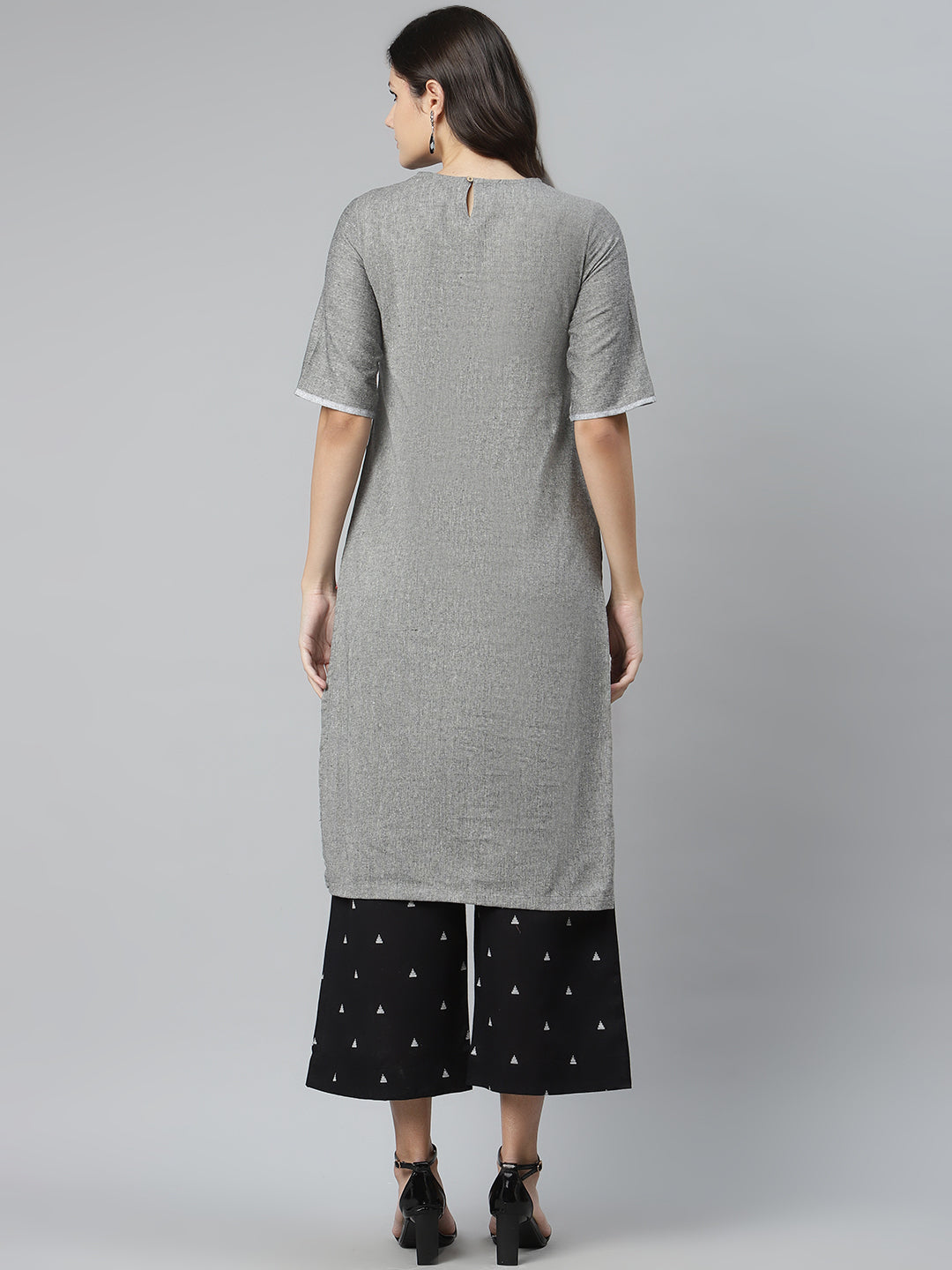 Biba Women Grey Melange & Black Solid Kurta with Palazzos - Distacart