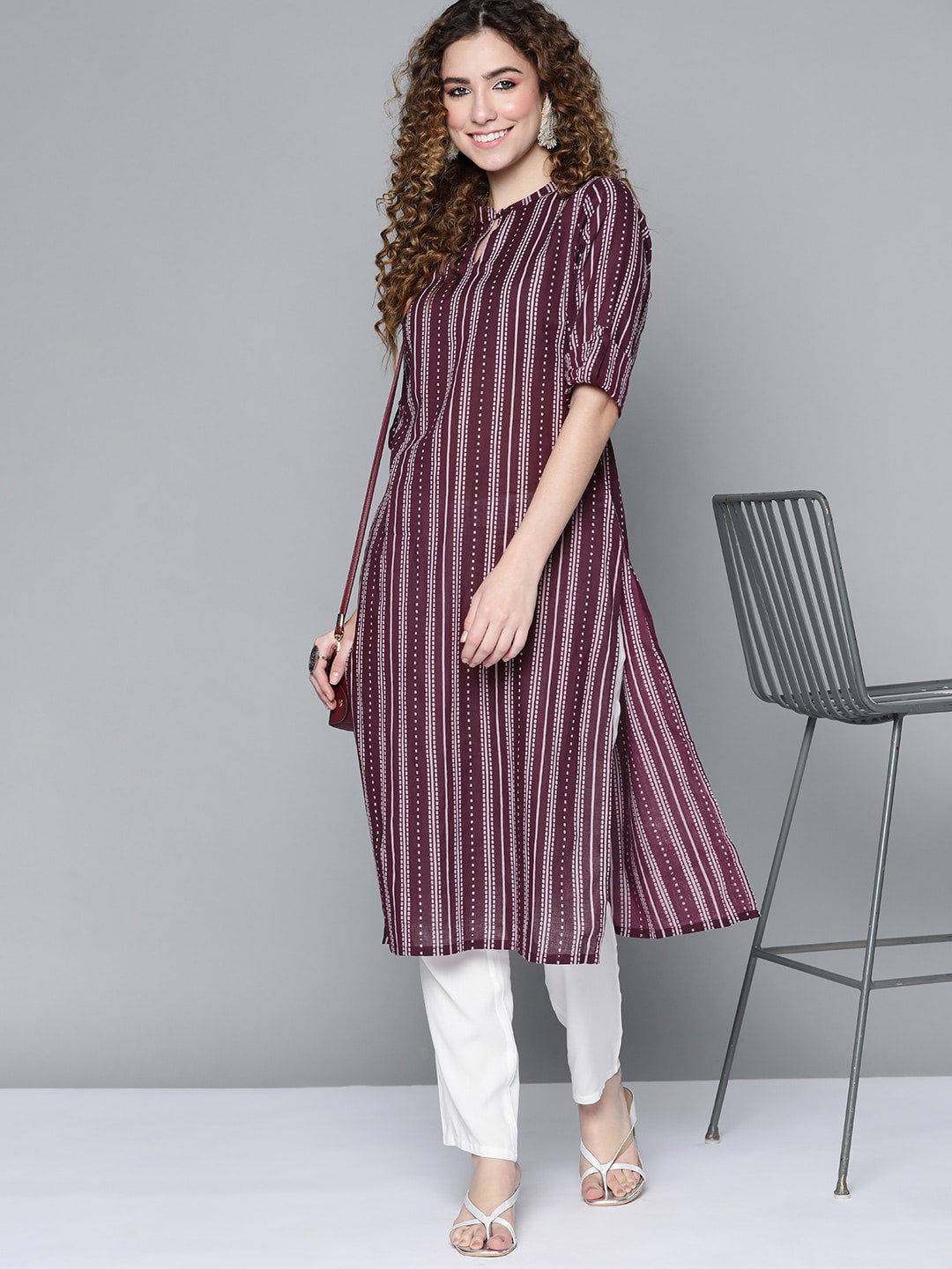 HERE&NOW Women Burgundy & White Printed Kurta - Distacart