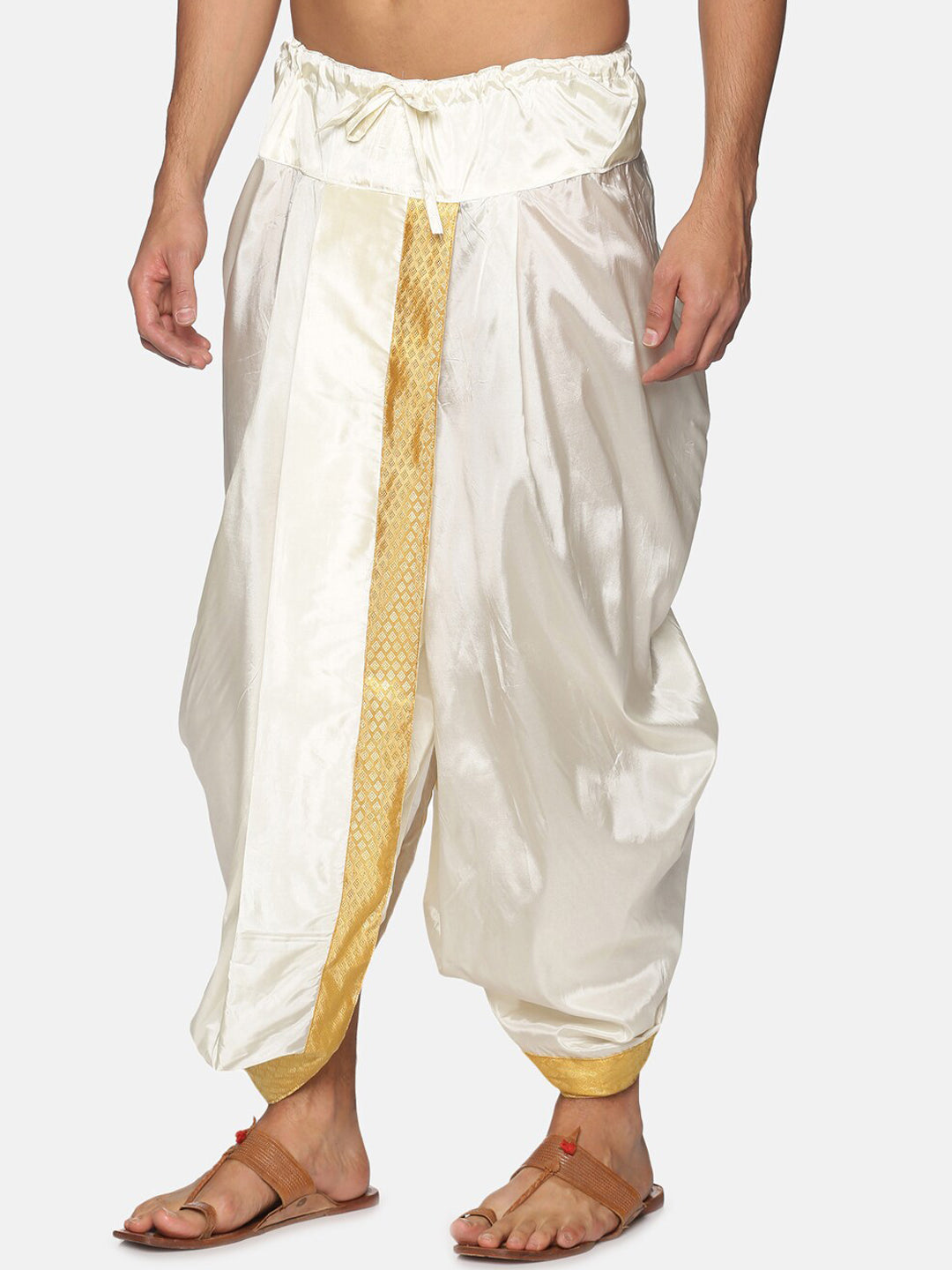 Sethukrishna Men Cream & Golden Solid Dhoti - Distacart