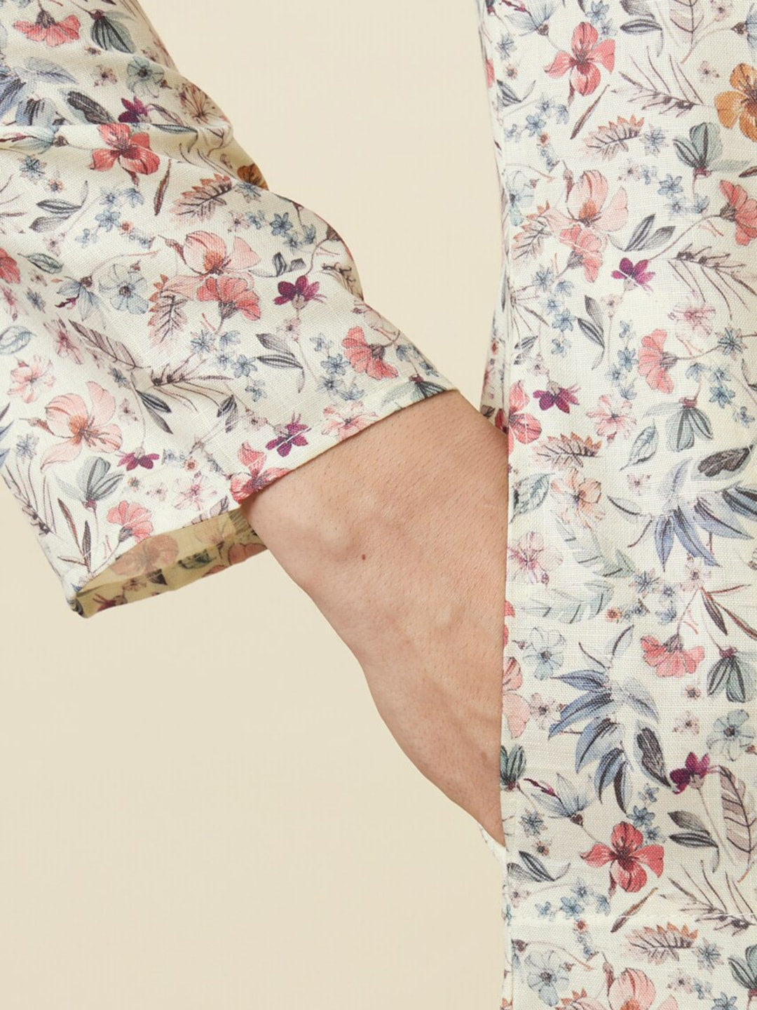 Manyavar Mandarin Collar Floral Printed Regular Pure Cotton Kurta with Churidar - Distacart