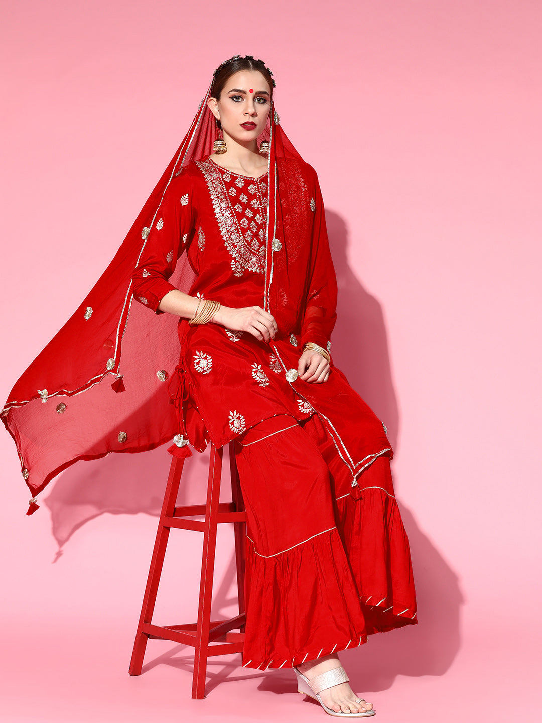 Ishin Women Red Floral Embroidered Regular Kurta with Sharara & With Dupatta - Distacart