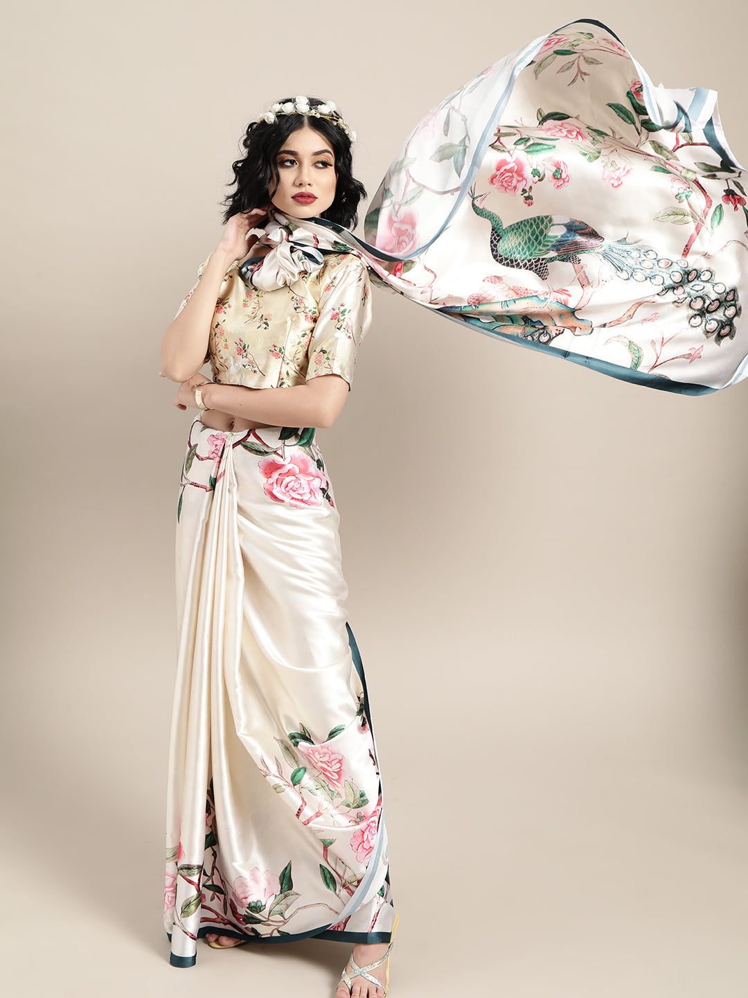 Saree Mall Cream-Coloured & Pink Satin Floral Block Print Saree - Distacart