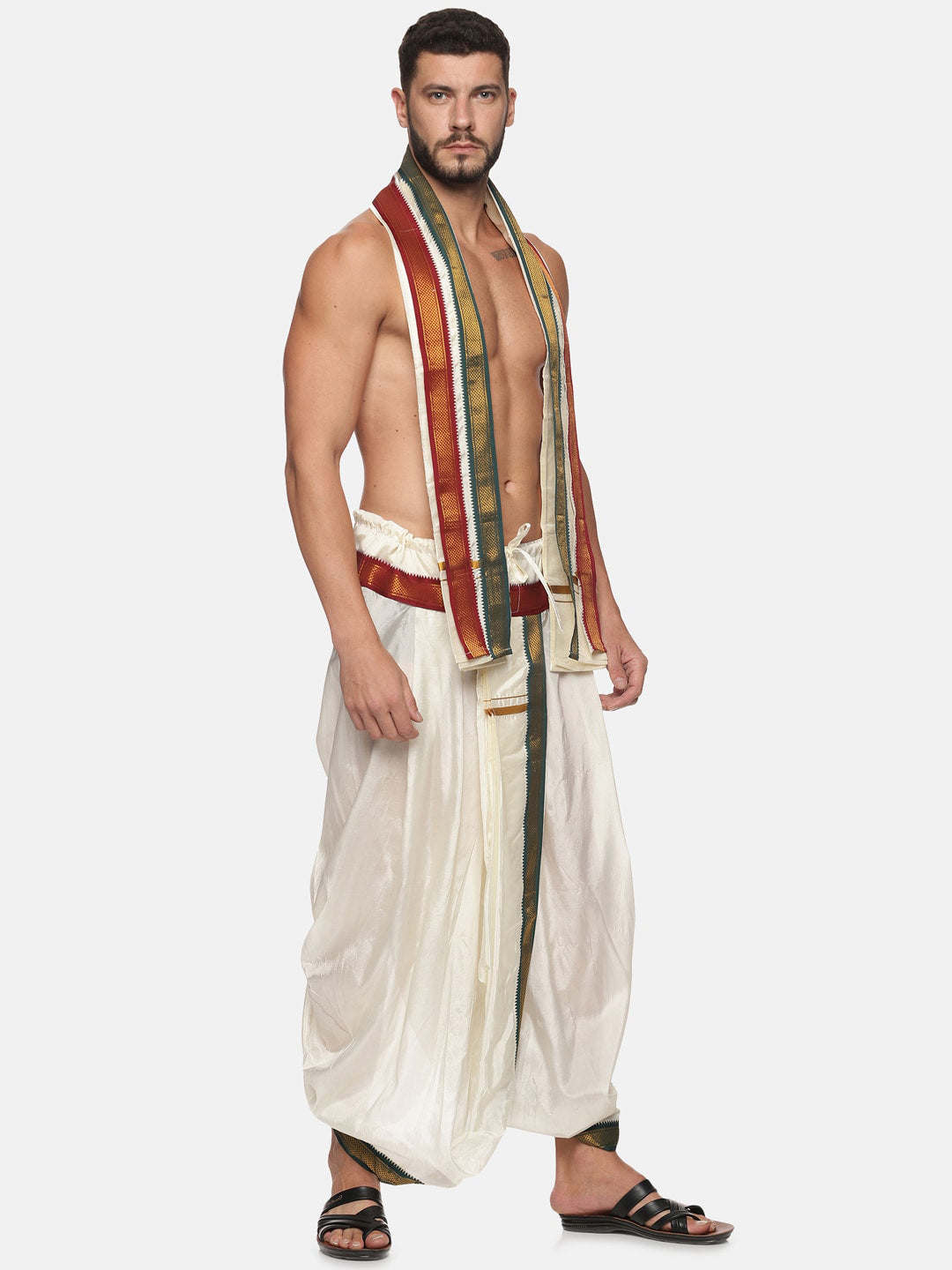 Sethukrishna Men Cream Solid Readymade Dhoti Pants With Angavastram - Distacart