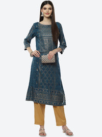 Thumbnail for Biba Women Teal Ethnic Motifs Printed Mirror Work Kurta - Distacart