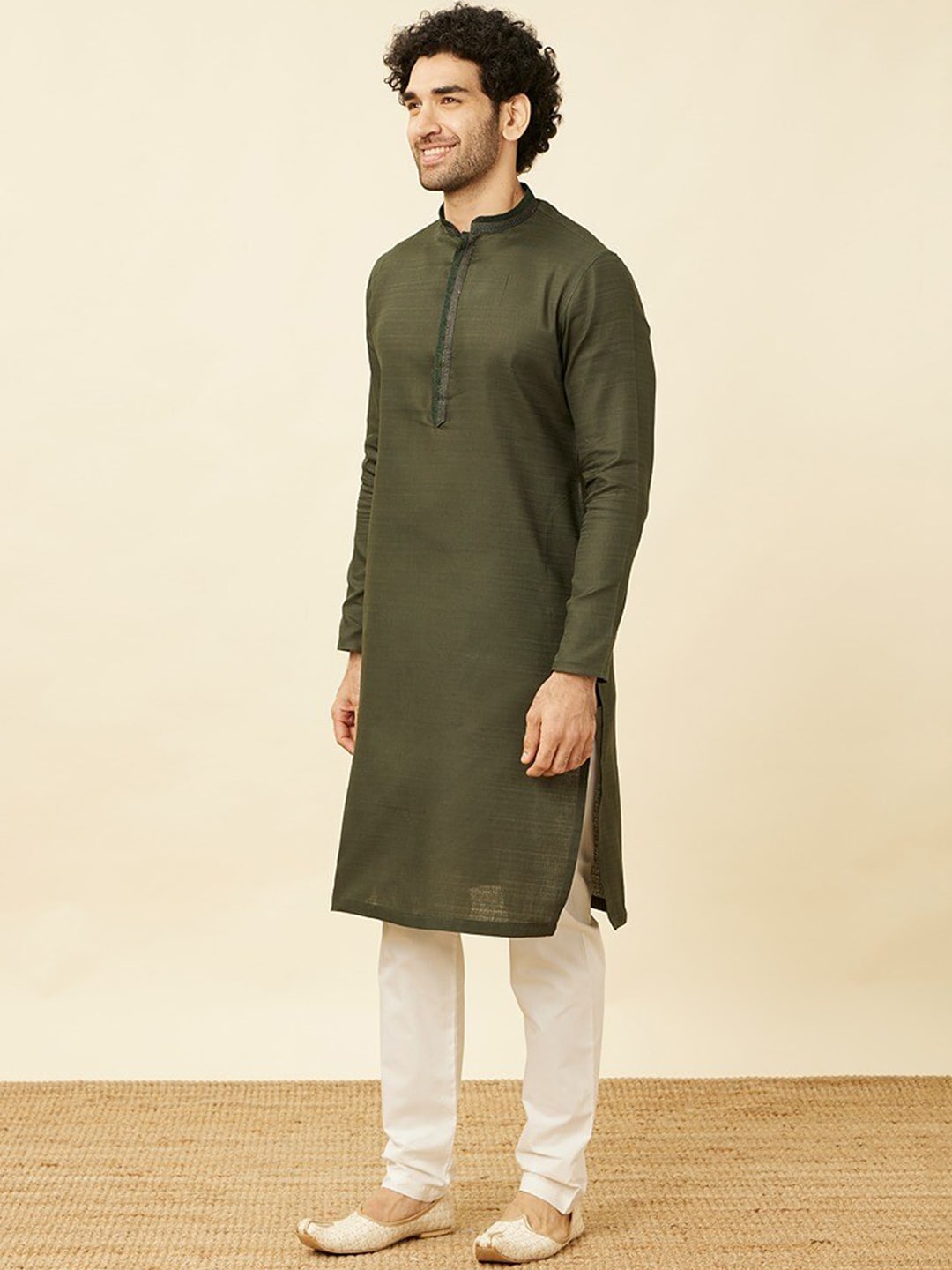 Manyavar Mandarin Collar Thread Work Pure Cotton Kurta & Pyjamas - Distacart