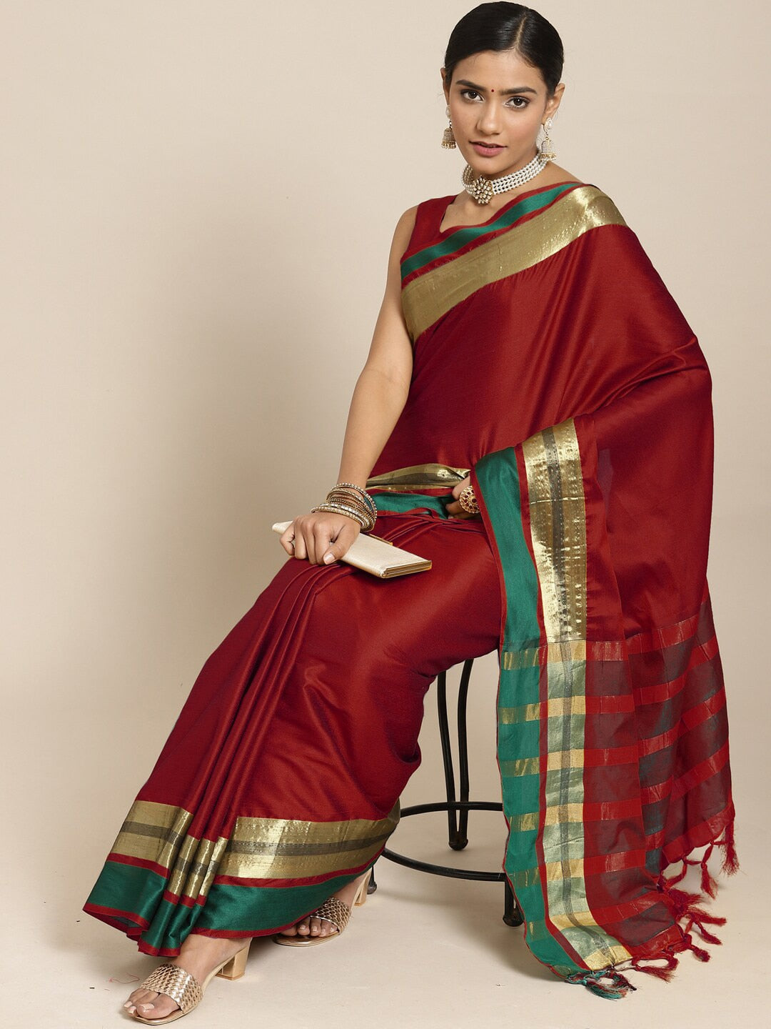 Saree Mall Maroon & Gold-Toned Zari Silk Blend Uppada Sarees - Distacart