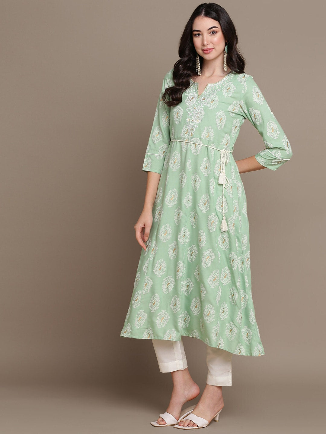 HERE&NOW Embroidered Ethnic Motif Printed Notched Neck A-Line Kurta - Distacart
