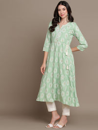 Thumbnail for HERE&NOW Embroidered Ethnic Motif Printed Notched Neck A-Line Kurta - Distacart