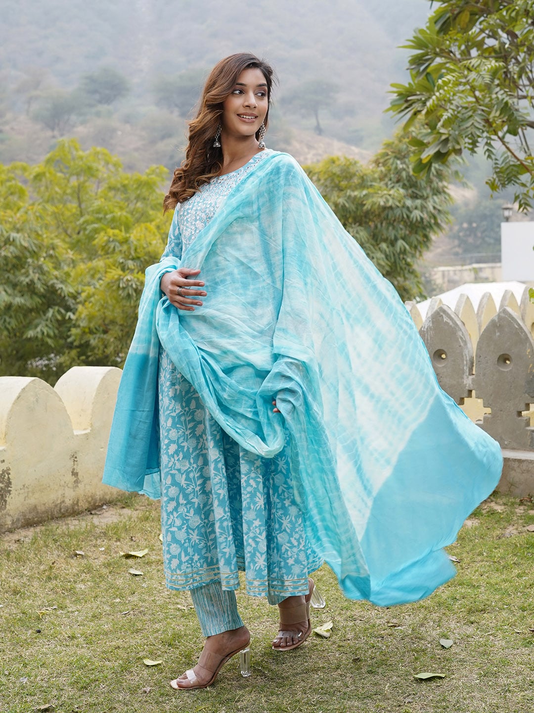 Kalini Floral Printed Regular Mirror Work Pure Cotton Kurta with Trousers & With Dupatta - Distacart