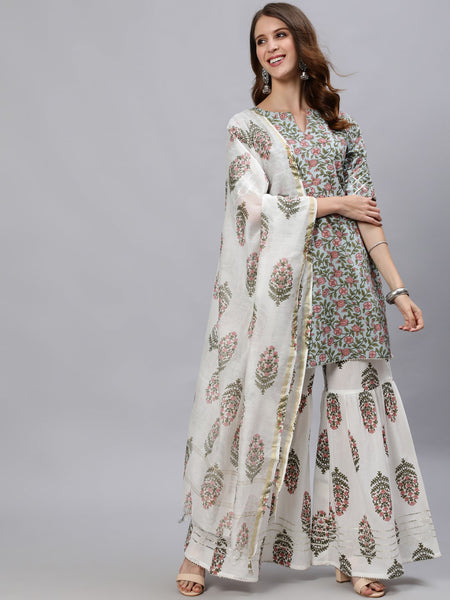 Jaipur Kurti Women Blue & Green Floral Printed Pure Cotton Kurti With Sharara & Dupatta - Distacart
