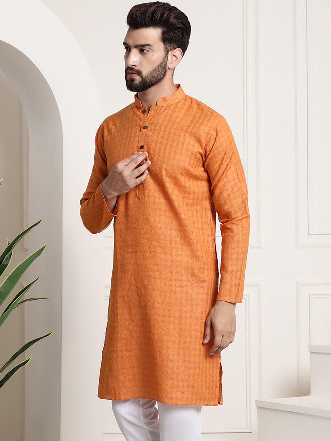 Sojanya Men Orange Dobby Self-Checked Straight Kurta - Distacart