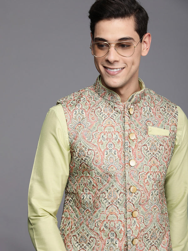 Manyavar Men Green & Off-White Solid Kurta & Churidar with Nehru Jacket - Distacart