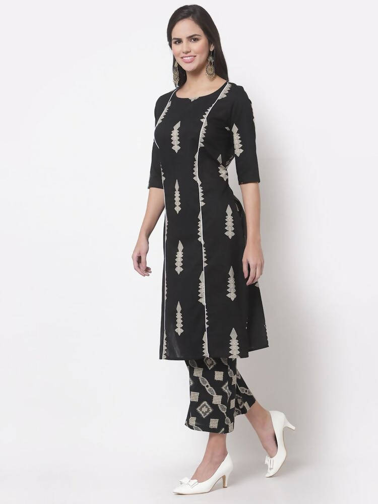 Myshka Women's Black Cotton Blend Printed 3/4 Sleeve Round Neck Casual Kurta & Palazzo Set