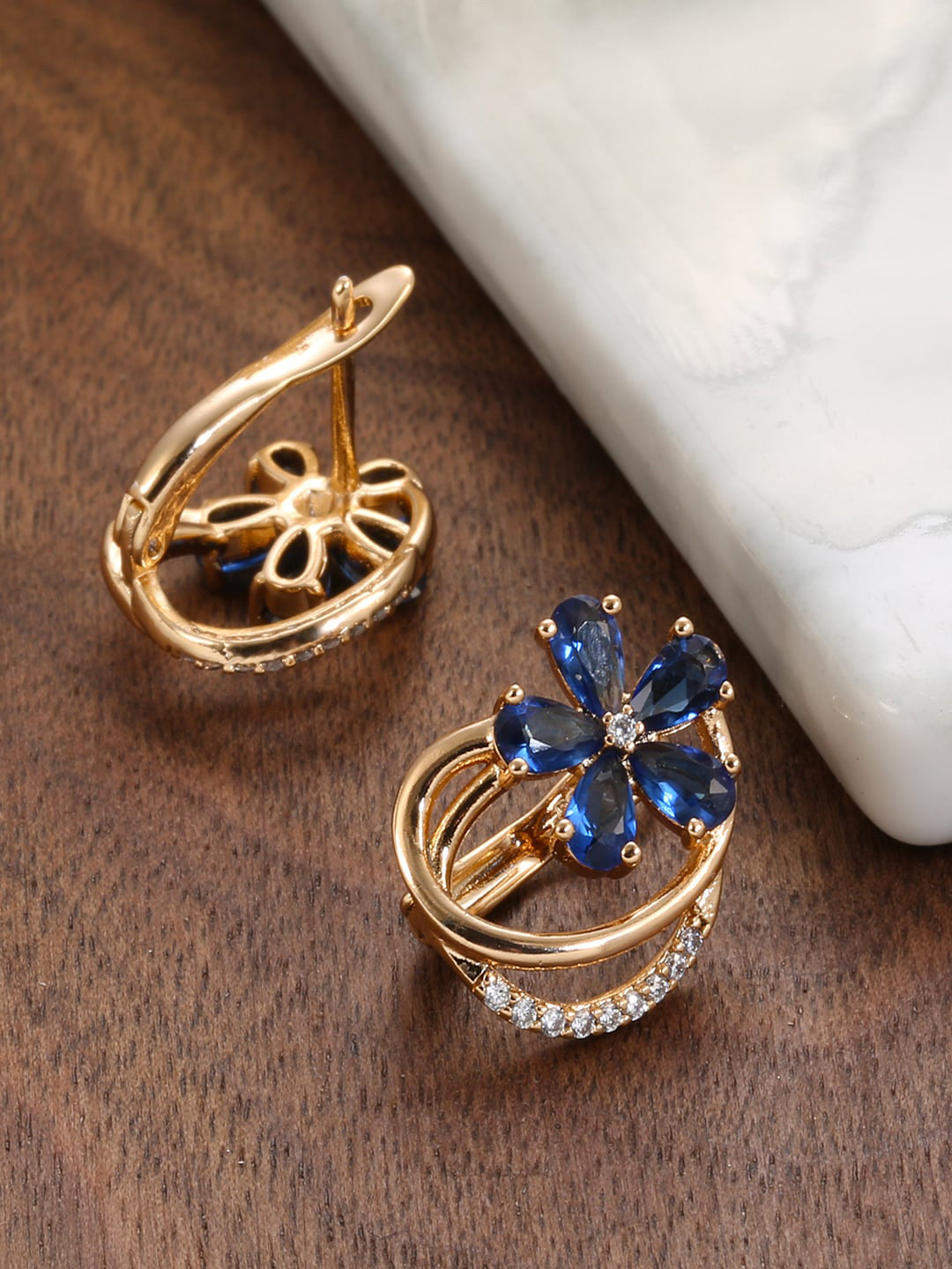 Shining Diva Rose Gold-Plated Blue Floral Studs Earrings - Distacart