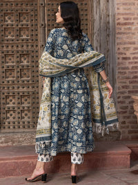 Thumbnail for Sangria Navy Blue Floral Printed Pure Cotton Anarkali Kurta With Trouser & Dupatta - Distacart