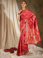Thumbnail for Sangria Red Floral Woven Design Zari Kanjeevaram Saree - Distacart
