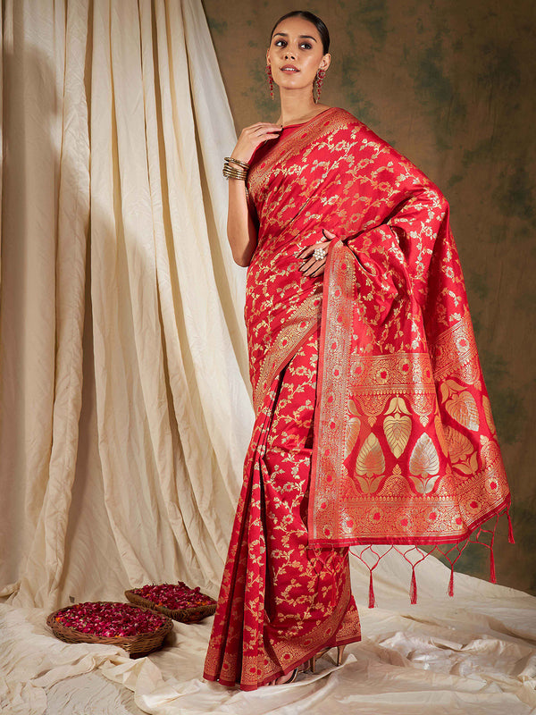 Sangria Red Floral Woven Design Zari Kanjeevaram Saree - Distacart
