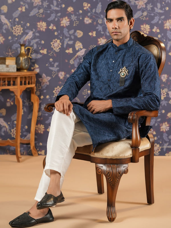 House of Pataudi Ethnic Motifs Embroidered Mandarin Collar Straight Kurta With Trouser - Distacart