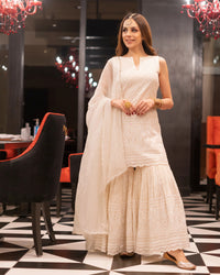 Thumbnail for Malishka Women's Embroidered Cotton Kurta Sharara Set With Dupatta - White - Distacart