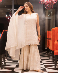 Thumbnail for Malishka Women's Embroidered Cotton Kurta Sharara Set With Dupatta - White - Distacart