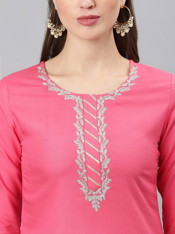 Khushal K Women Pink Yoke Design Kurti with Trouser & Dupatta - Distacart