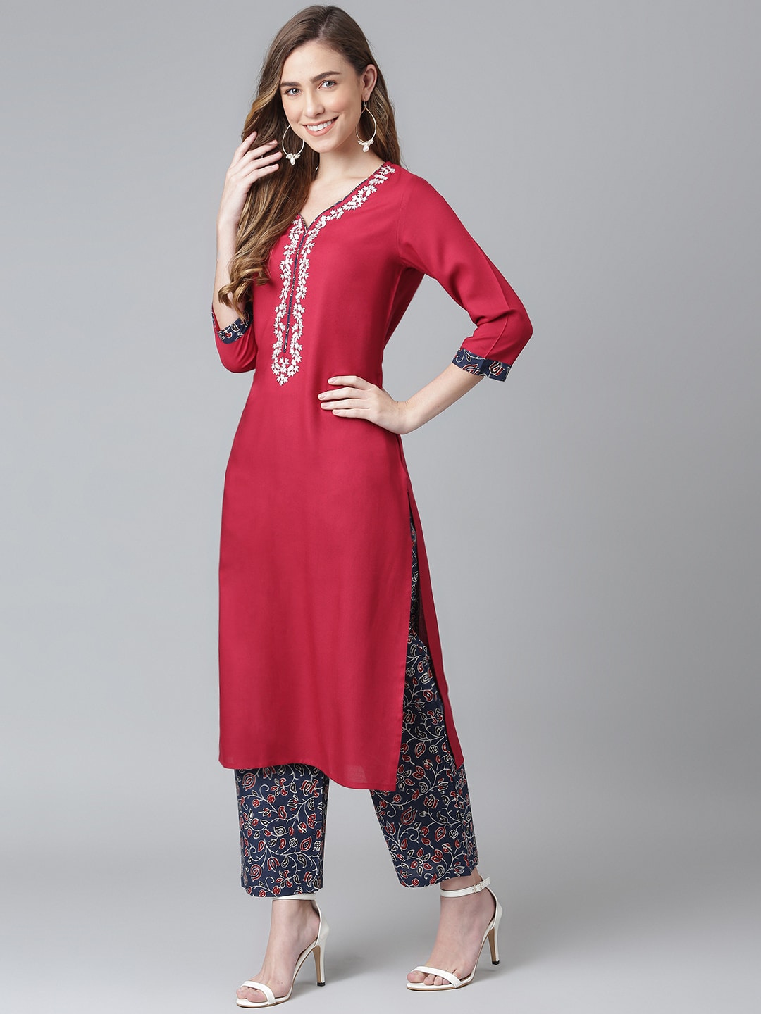 Khushal K Floral Embroidered Kurta with Palazzos - Distacart