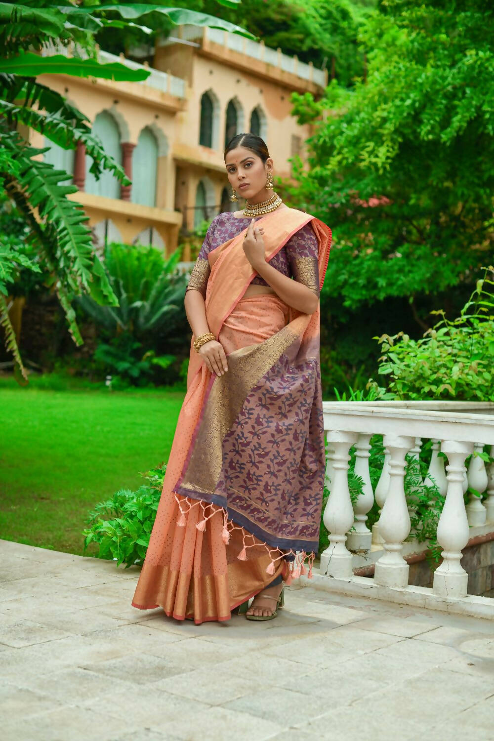Vishnu Weaves Women's Orange Linen Cotton Bandhani Woven Saree with Blouse - Distacart