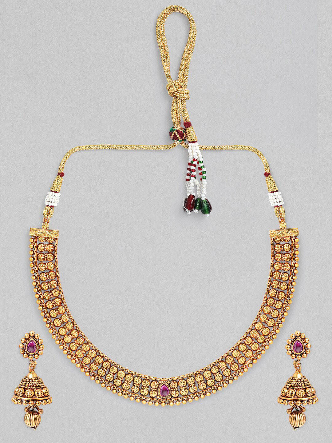 Rubans Gold-Plated Pink Stone-Studded & Beaded Handcrafted Temple Jewellery Set - Distacart