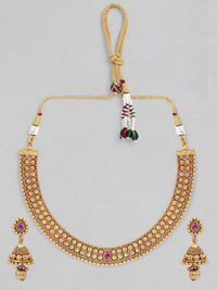 Thumbnail for Rubans Gold-Plated Pink Stone-Studded & Beaded Handcrafted Temple Jewellery Set - Distacart
