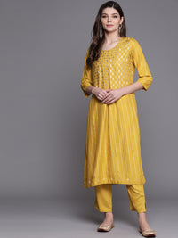 Thumbnail for Biba Women Mustard & Golden Striped Kurta with Trousers - Distacart