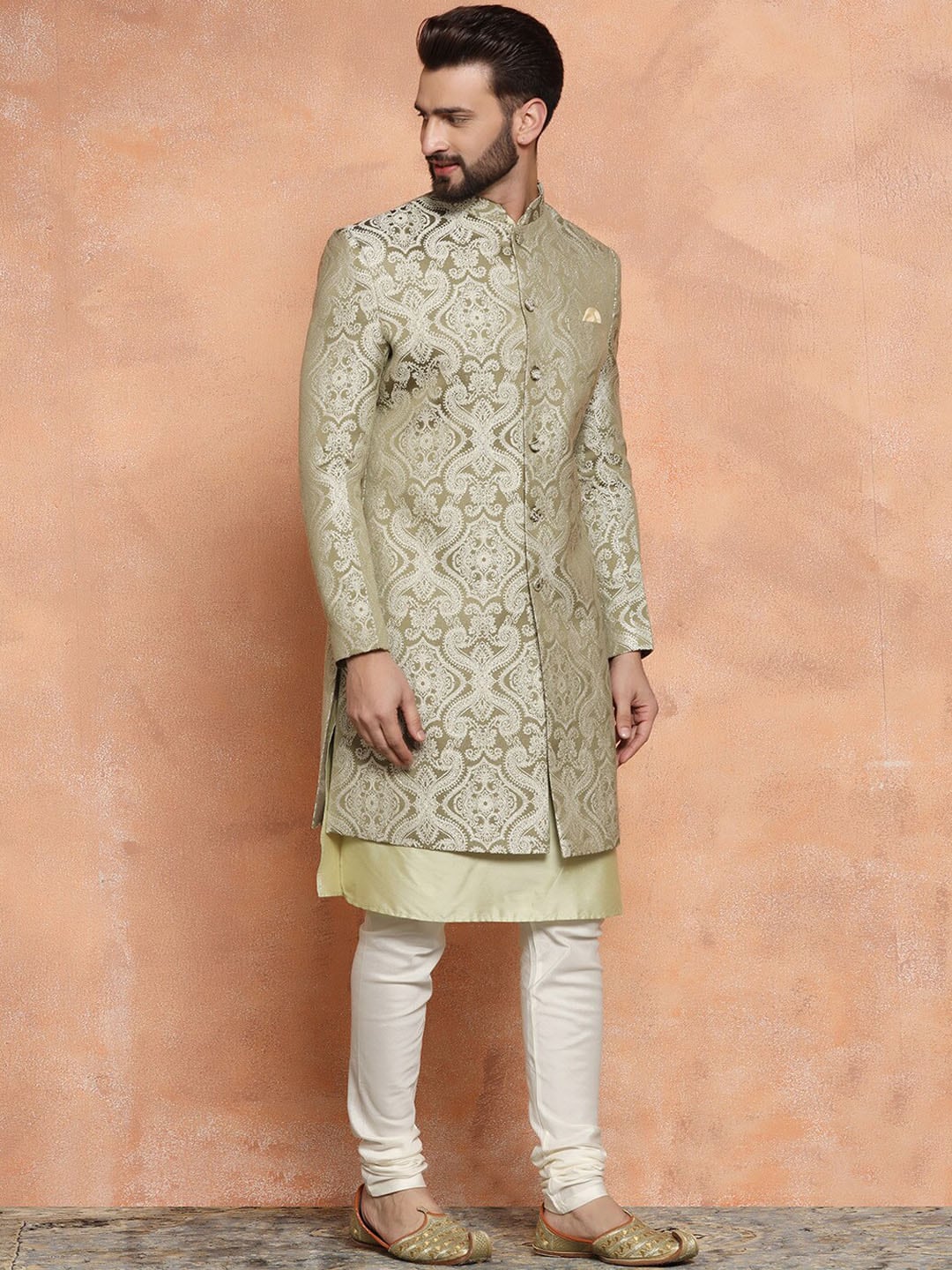 KISAH Ethnic Motifs Woven Design Mandarin Collar Sherwani Set - Distacart