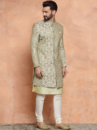 Thumbnail for KISAH Ethnic Motifs Woven Design Mandarin Collar Sherwani Set - Distacart